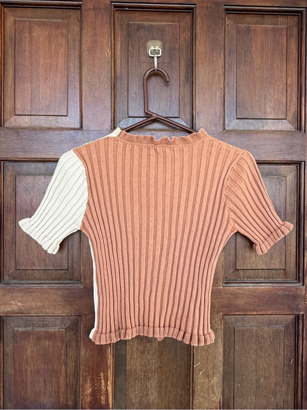 Finders Keepers Ribbed Two-Tone Ruffle-Edge Top — Brown & Cream - Picture 6 of 6